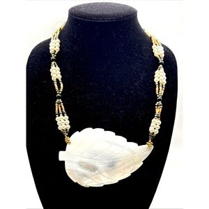 Mother of Pearl Carved Shell Leaf Vintage Necklace